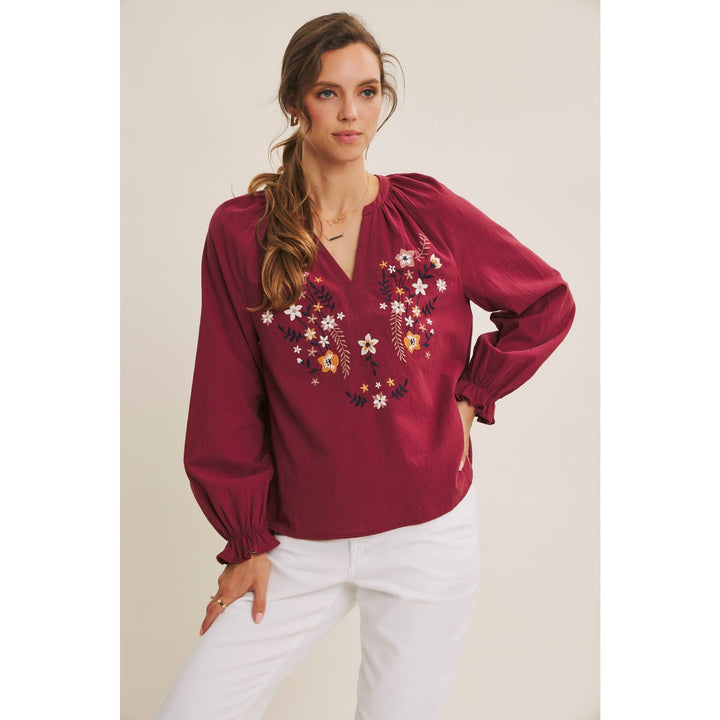 Warmth of Fall Bohemian Embroidered Flare Cotton Blouse Top