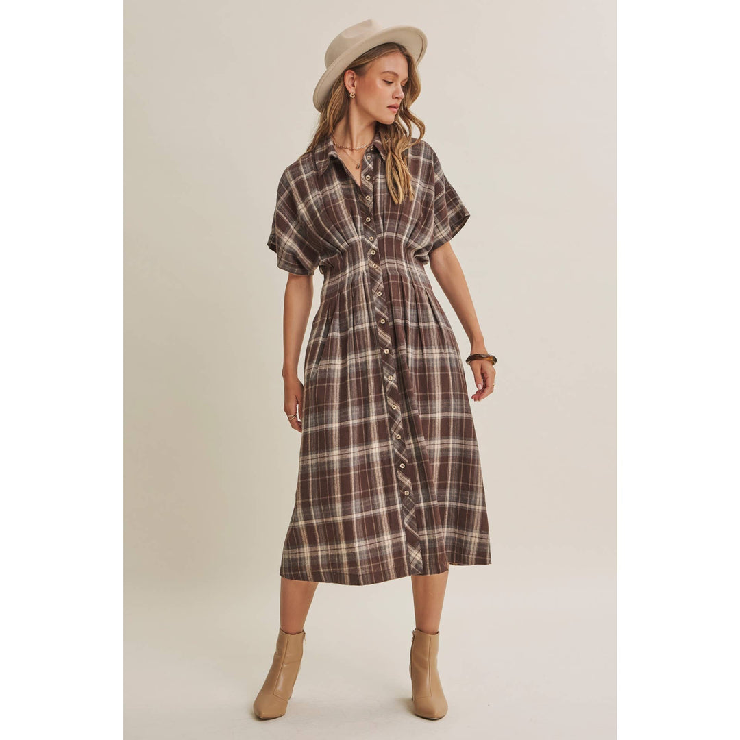 Rustic Pathway Pin-Tucked Waist Plaid Transition Dress