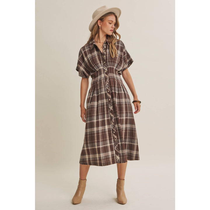 Rustic Pathway Pin-Tucked Waist Plaid Transition Dress