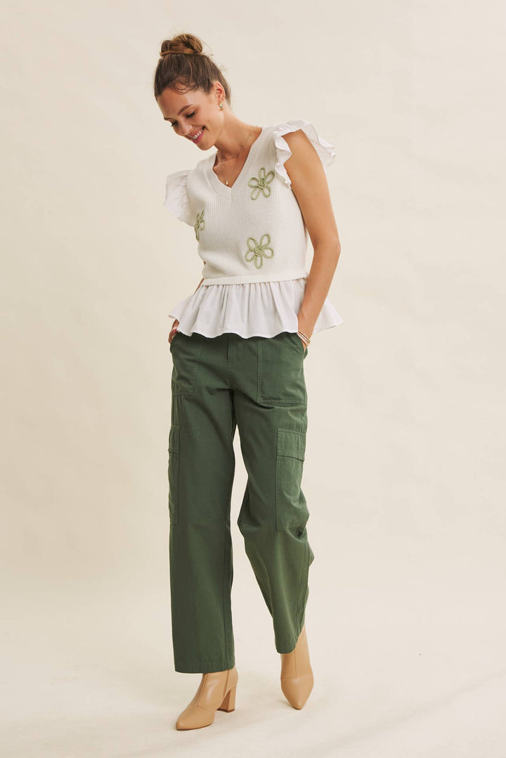 Easy to Love Embroidery Ruffle-Sleeve Mixed Sweater Top