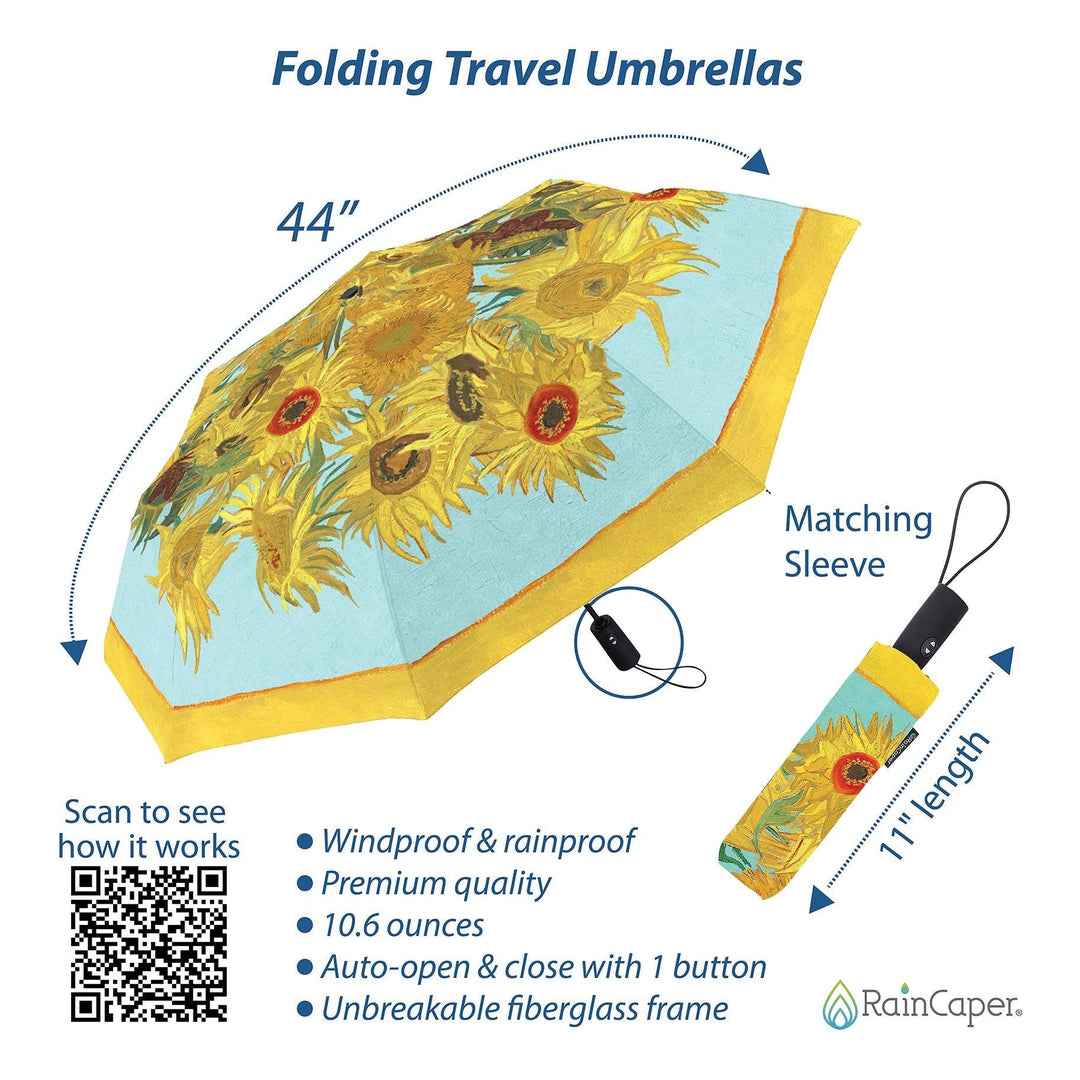 Van Gogh Sunflowers Travel Umbrella – Compact, One-Touch Open & Close