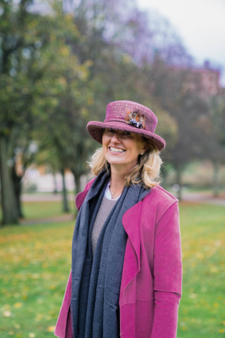 Limited Edition Autumn Woven Chenille Rich Autumn Coloured Hat with Feather Decoration.