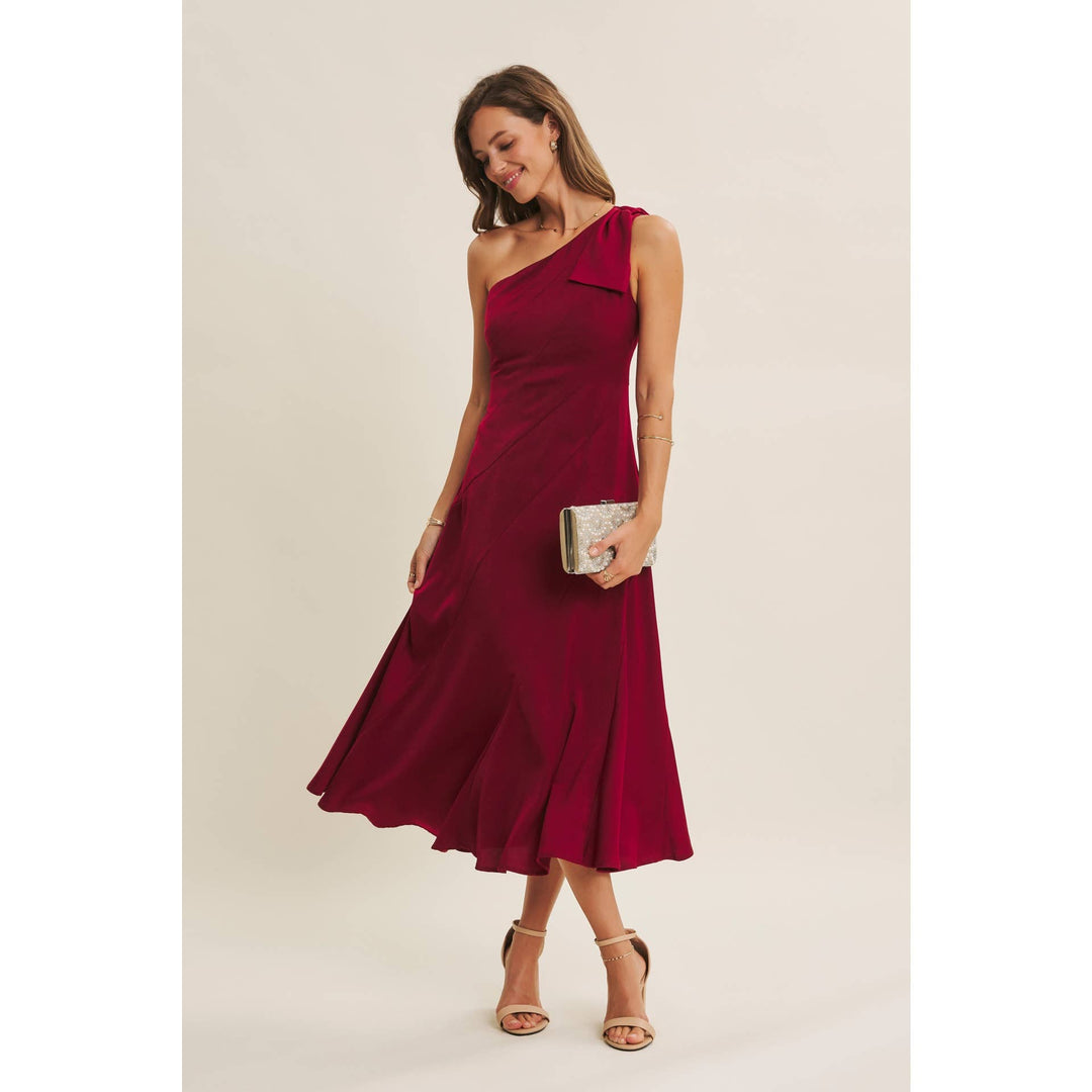 Holiday Glam One-Shoulder Midi Dress with Slanted Seamwork
