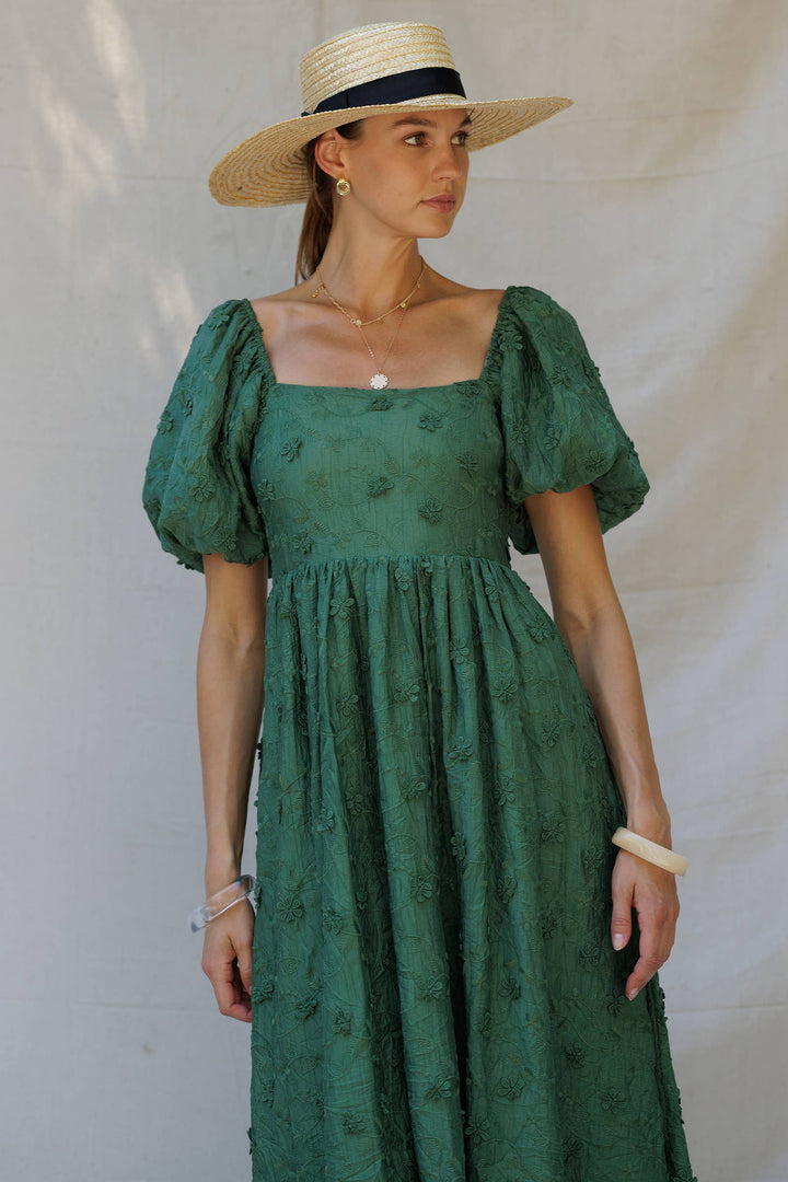 Embroidered Puff-Sleeve Midi Dress