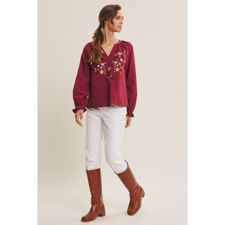 Warmth of Fall Bohemian Embroidered Flare Cotton Blouse Top