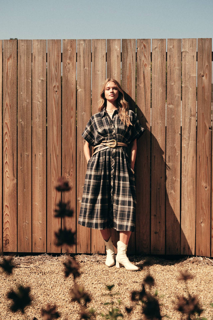 Rustic Pathway Pin-Tucked Waist Plaid Transition Dress