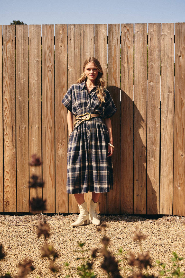 Rustic Pathway Pin-Tucked Waist Plaid Transition Dress