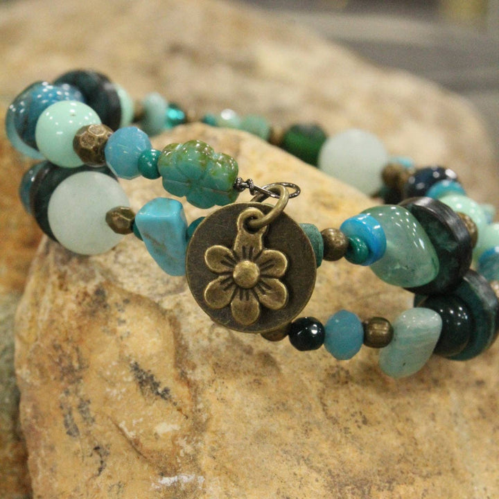 Czech Turquoise Picasso Flower Bead Wrap Bracelet