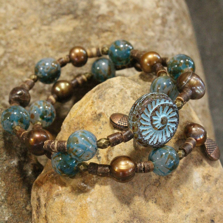 Czech Fossil Stone Tribal Wrap Bracelet