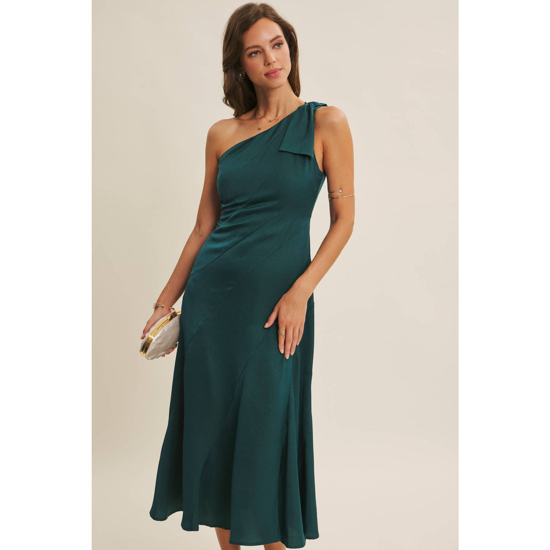 Holiday Glam One-Shoulder Midi Dress with Slanted Seamwork