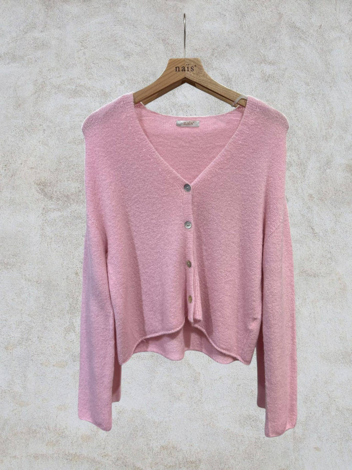 Short buttoned V-neck Cardigan in Alpaca and Wool