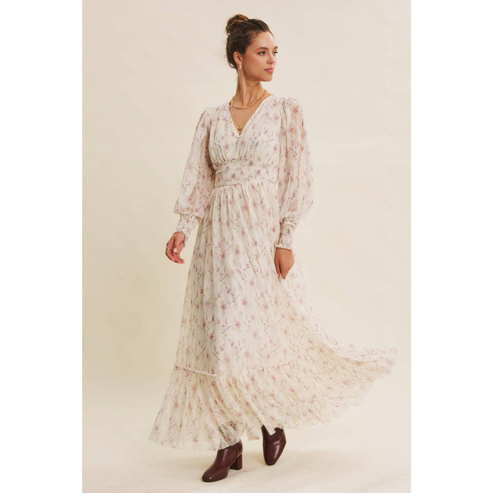 Dreamy Floral Mesh Maxi Dress With Smocked Waist