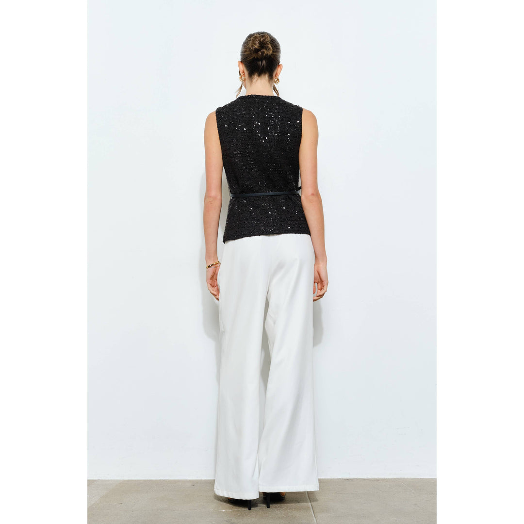 Belted Sequin Tweed Sleeveless Top