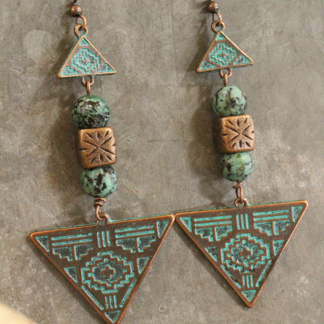 Verdigris Gypsy Tribal Pattern Jade Copper Dangle Earrings