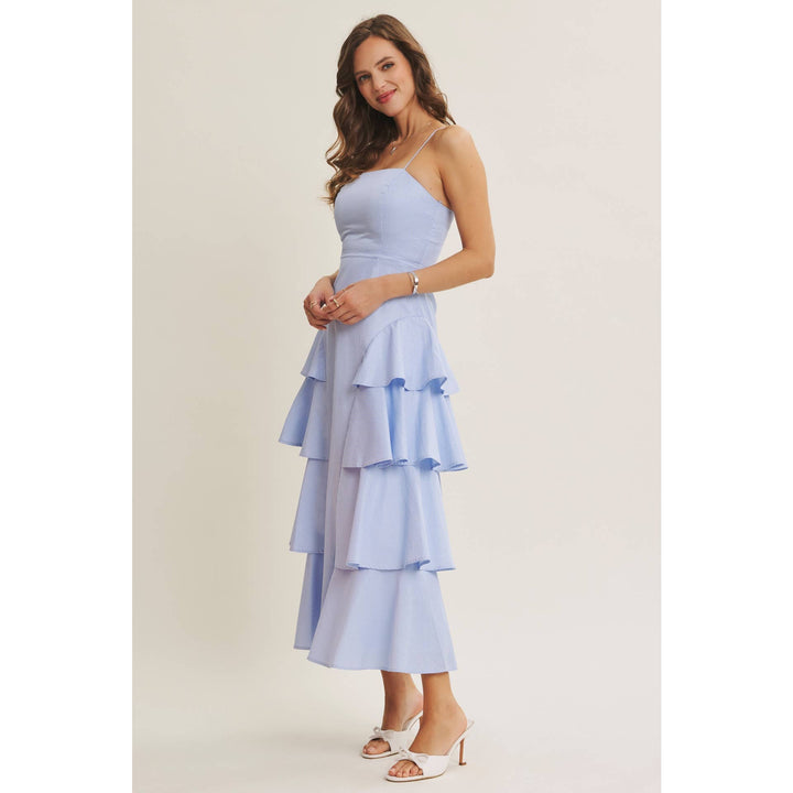 Clean Lines Meets Playful Side-Tiered Ruffle Maxi Dress