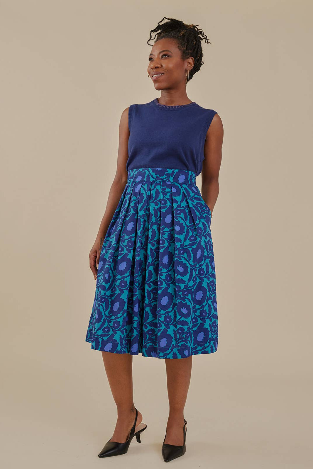 Laura Pleated Skirt Deep Teal Floral