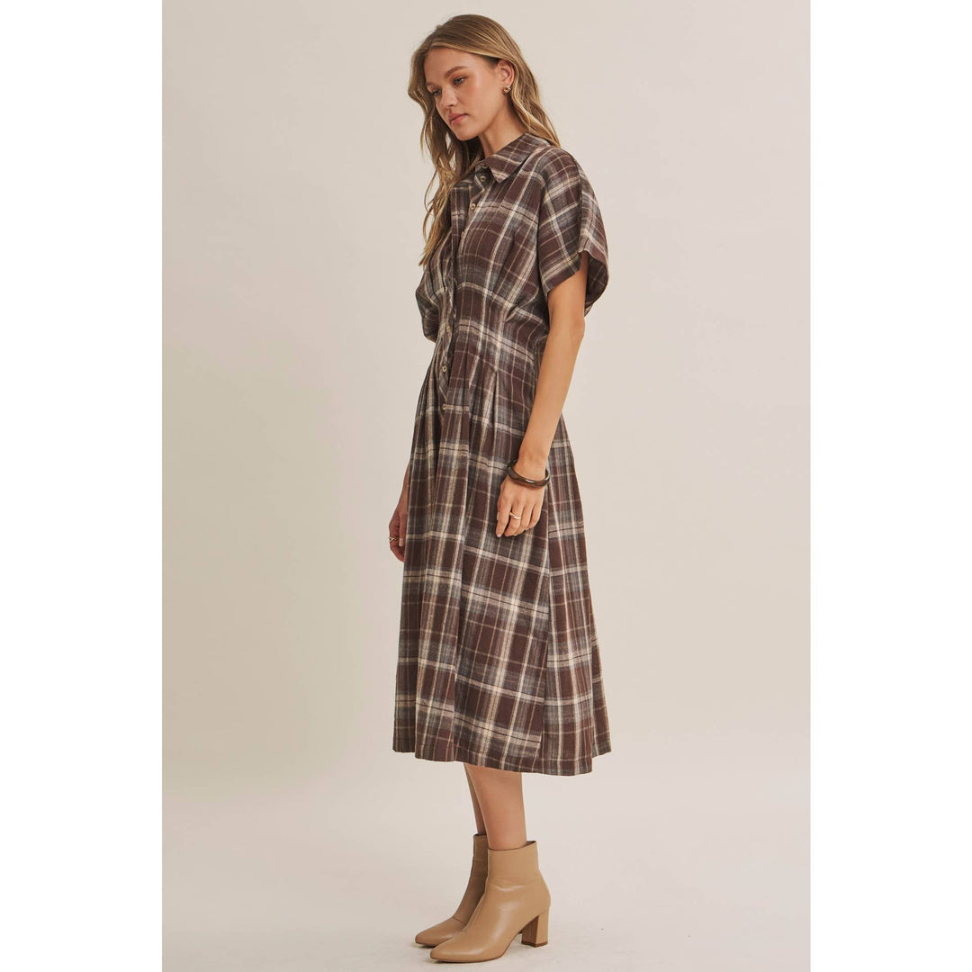 Rustic Pathway Pin-Tucked Waist Plaid Transition Dress