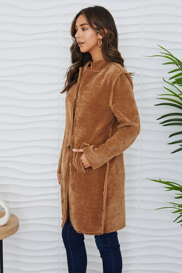 Stand Collar Corduroy Car Coat with Pockets