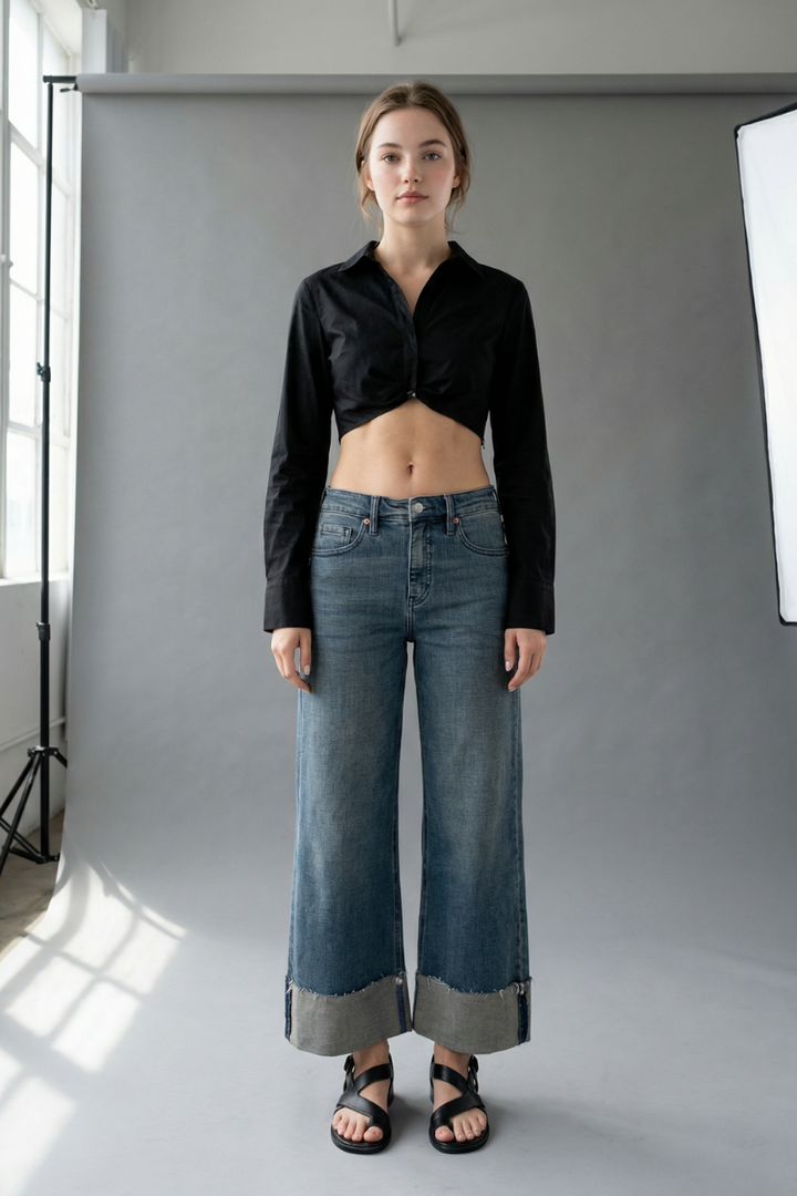 Tummy Control High Rise Cuffed Wide Leg Jean