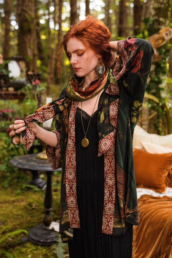 Solstice Bohemian Scarf with Persephone, florals, Moon & Owl