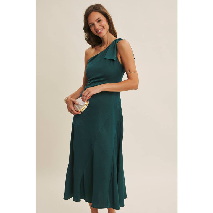 Holiday Glam One-Shoulder Midi Dress with Slanted Seamwork