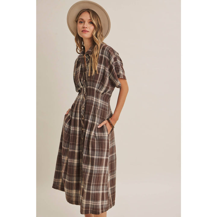 Rustic Pathway Pin-Tucked Waist Plaid Transition Dress
