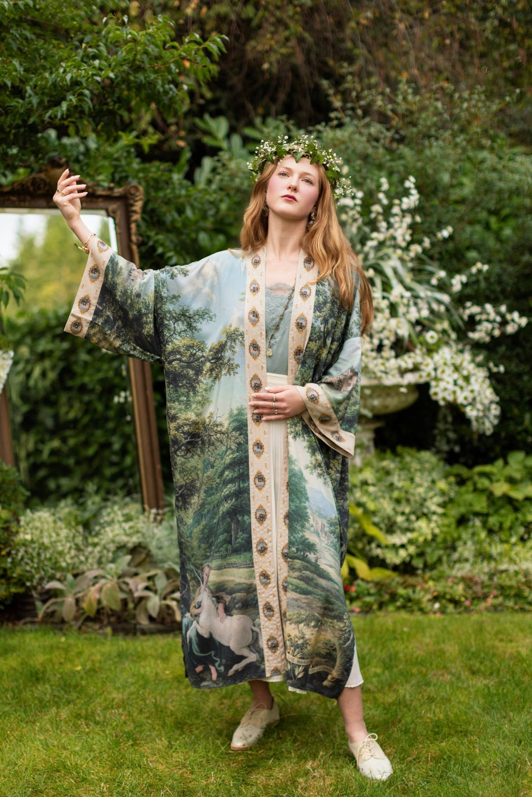 The Mythmaker Opera Duster w/ pastoral landscape & unicorn