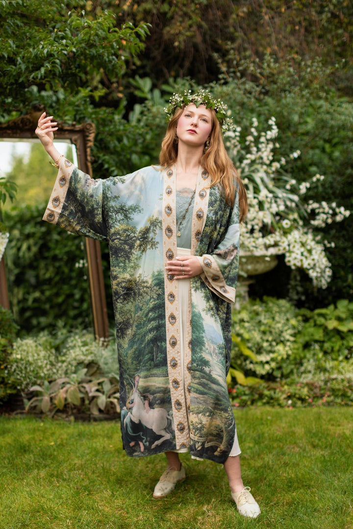 The Mythmaker Opera Duster w/ pastoral landscape & unicorn