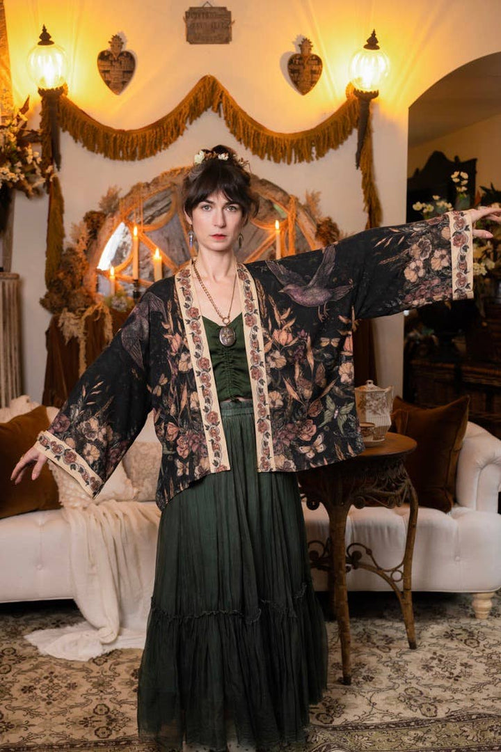 Momento Pixie Duster Crop Kimono w/ Floral, Starling & Skull