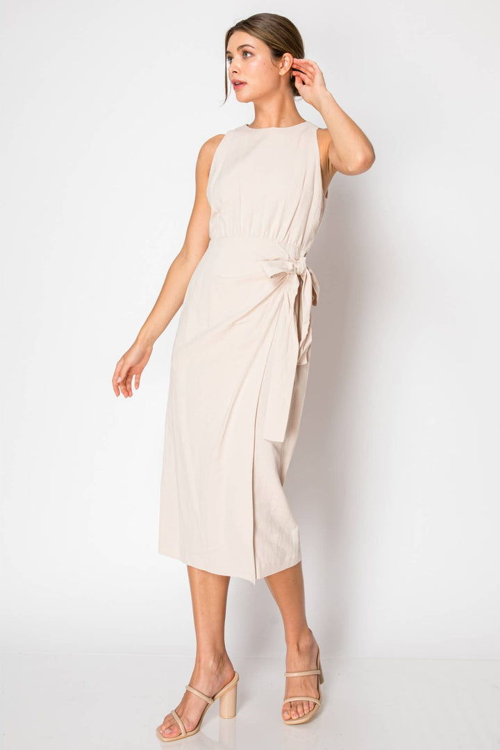 Sleeveless Round Neck Tie-Front Draped Midi Dress
