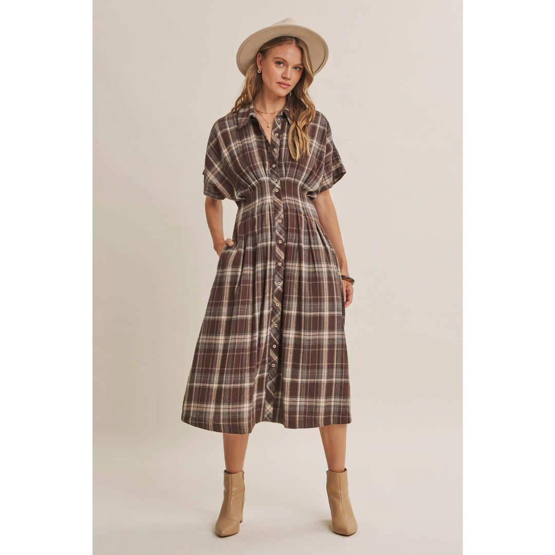 Rustic Pathway Pin-Tucked Waist Plaid Transition Dress