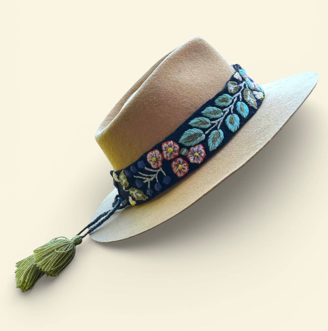 Embroidered Hat Band with Tassels - Midnight Meadow