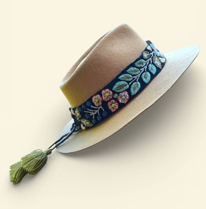 Embroidered Hat Band with Tassels - Midnight Meadow