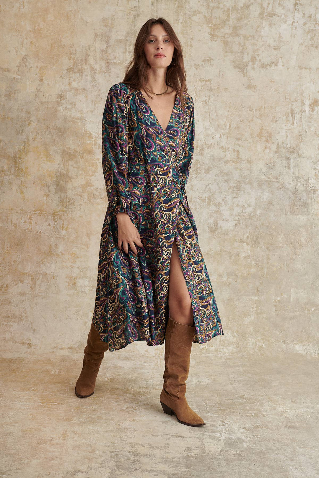 Printed Wrap Midi Dress