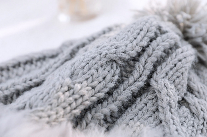 Winter Pompom Beanie Cable Knit Hat with Faux Fur Tie