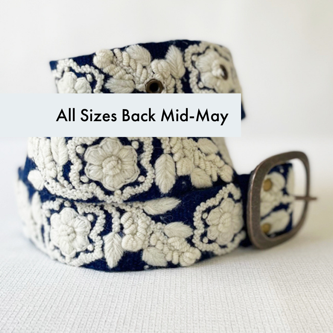 Two-Tone Embroidered Wool Belt, Blue/Cream