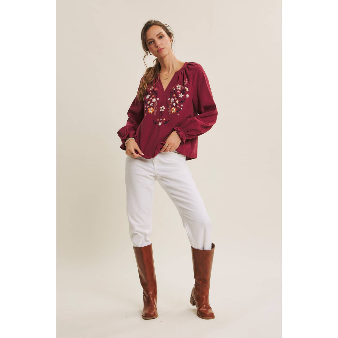 Warmth of Fall Bohemian Embroidered Flare Cotton Blouse Top