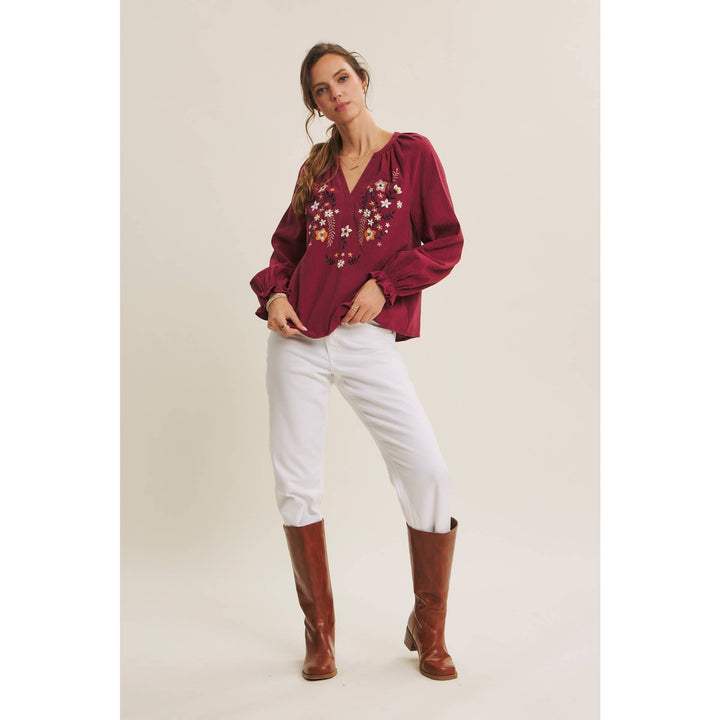 Warmth of Fall Bohemian Embroidered Flare Cotton Blouse Top