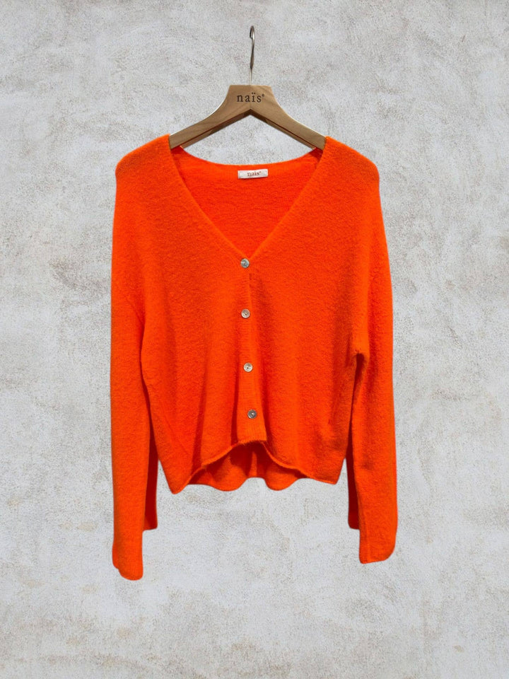 Short buttoned V-neck Cardigan in Alpaca and Wool