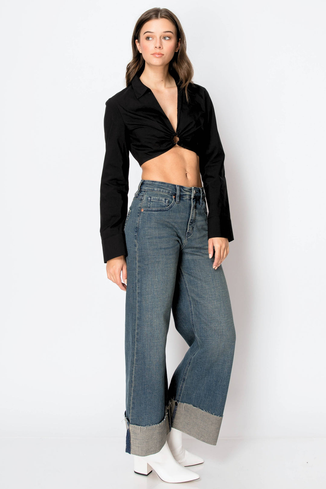 Tummy Control High Rise Cuffed Wide Leg Jean