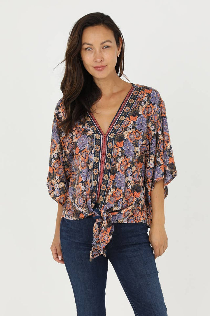 Tie Waist Blouse - Purple and Coral Flowers