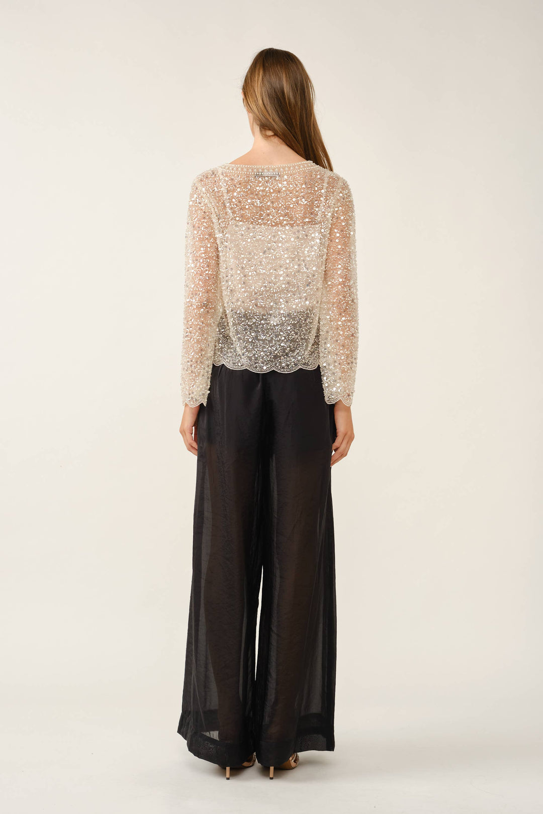 Fully Embellished Sequin & Pearl Scalloped Mesh Top