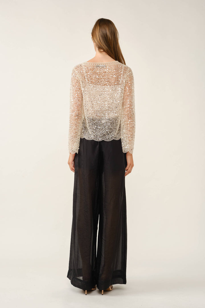 Fully Embellished Sequin & Pearl Scalloped Mesh Top