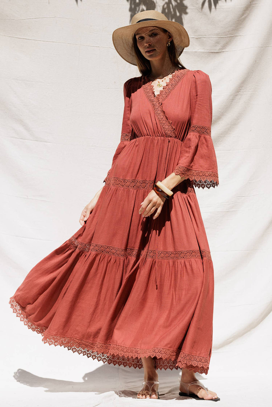 Boho Chic Rust Maxi Dress with Crochet Lace Trim BRICK / M / YD5049