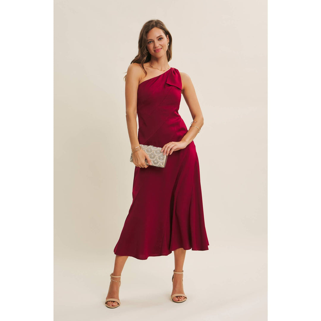 Holiday Glam One-Shoulder Midi Dress with Slanted Seamwork