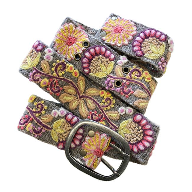 Heather Gray Floral Embroidered Wool Belt