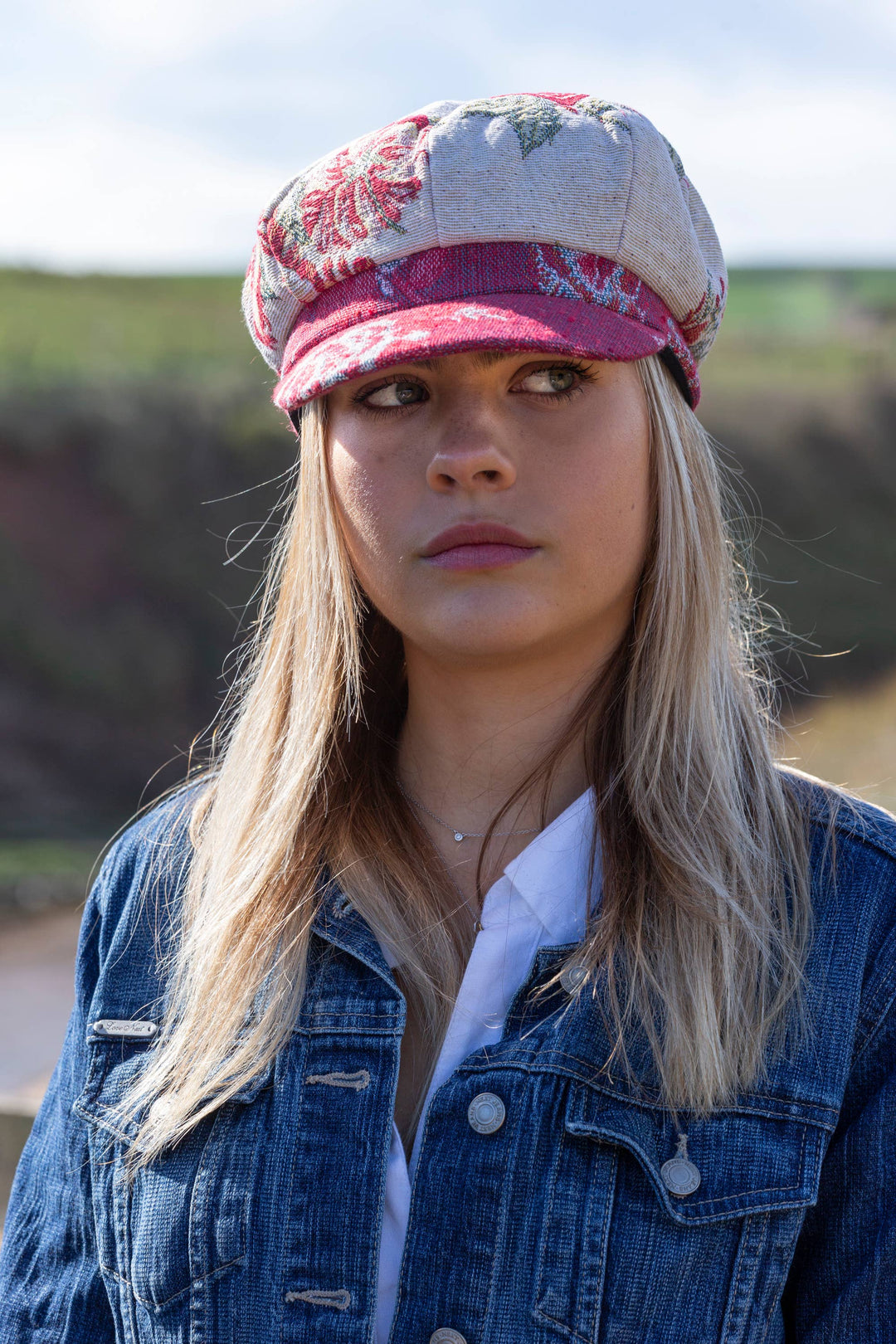 Ladies Tapestry Floral Baker Boy Cap Cream & Red Brocade