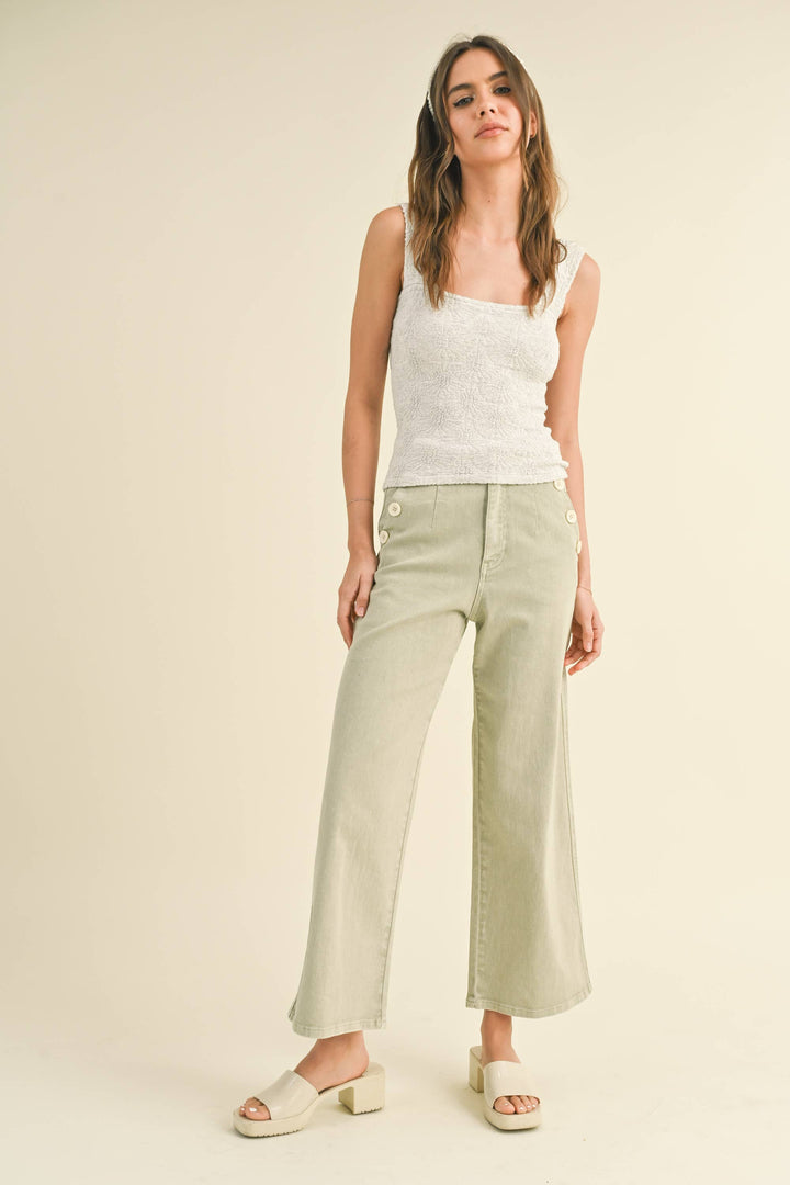 Washed Cotton Button Detailed Pants