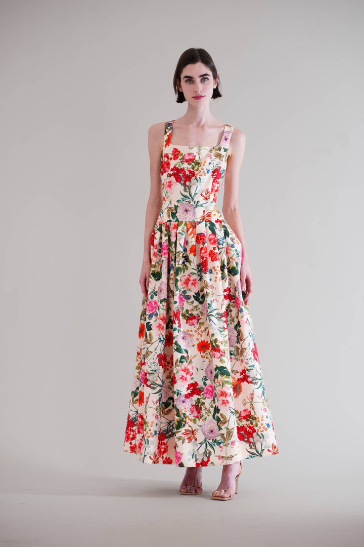 Square Neck Drop Waist W/Pleated Long Dress