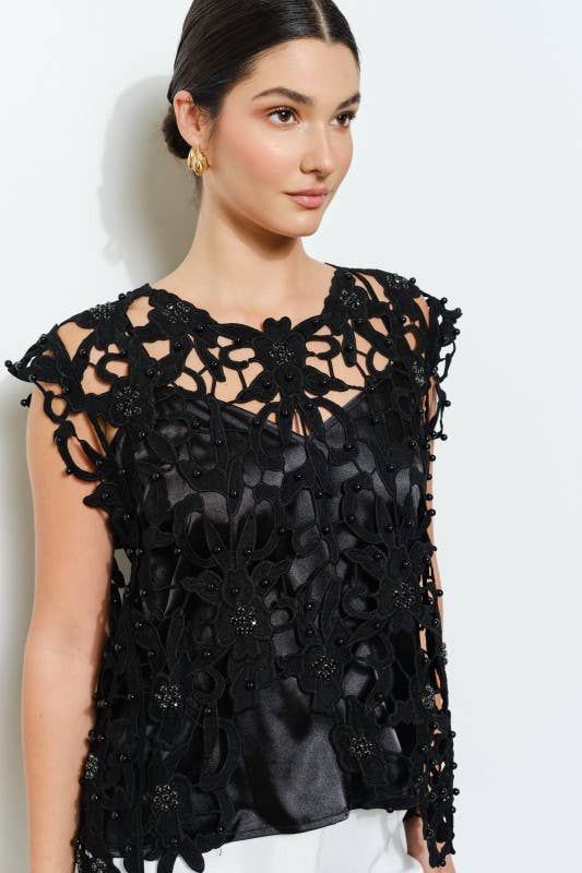Pearl Rhinestone Embellished Lace Cutout Top